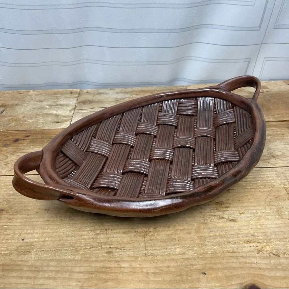 Parmentier Decors Woven Basketweave Ceramic Platter Vintage‎ Studio Pottery